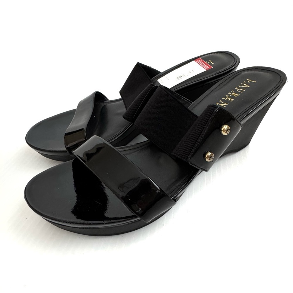 Lauren Ralph Lauren Rhianna Platform Wedge Sandals Black Patent Wedges